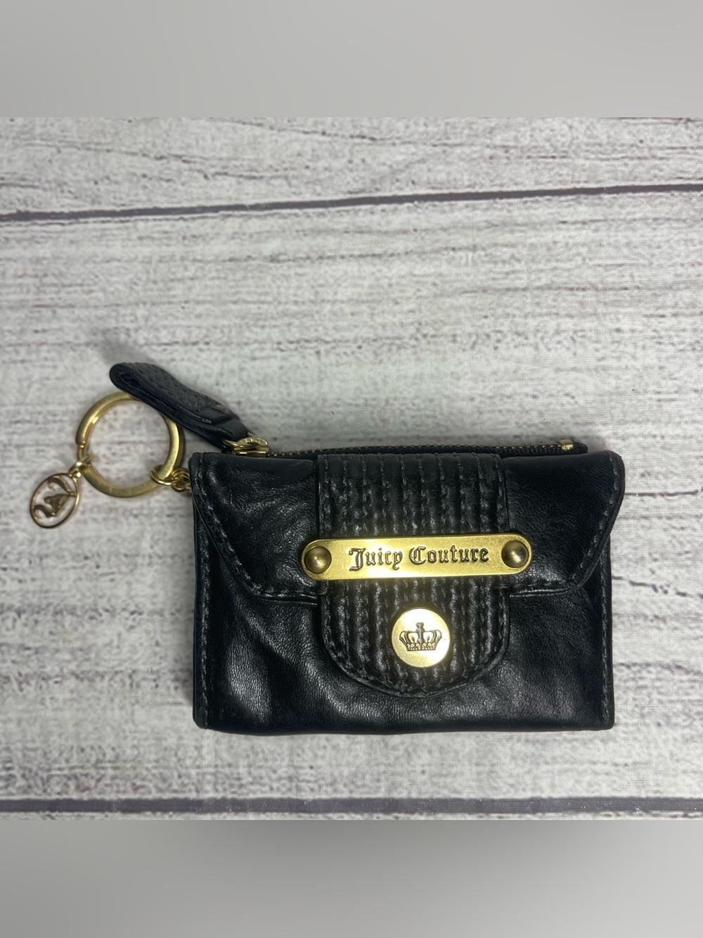 Juicy Couture Black Leather Coin Pouch Keychain Wallet